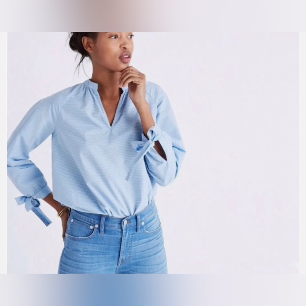 Madewell Blue Striped Tie-Sleeve Blouse